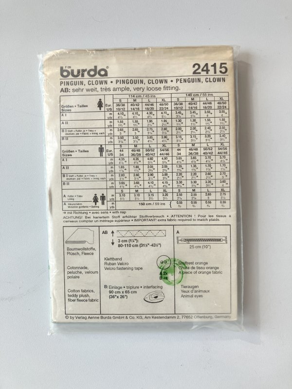 Patron Burda Clown et Pingouin