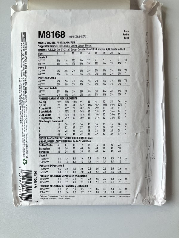 Patron McCall's short, pantalon et ceinture