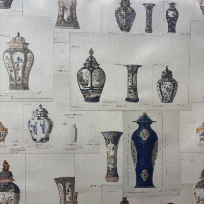 Tissu fond blanc motifs vases en porcelaine