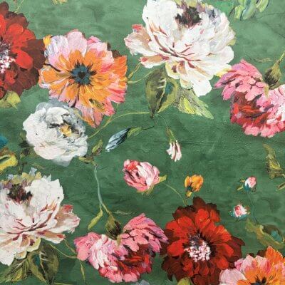 Velours fond vert imprimé fleurs